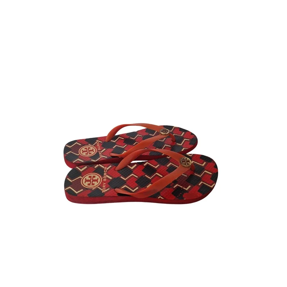 Tory Burch Red Black Geometric Logo Flip Flop Sandals Women Size 9.5